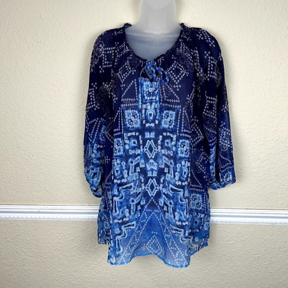 Chicos SZ 3 XL Blouse Top Shirt Popover Blue Sheer Artsy Printed Boho Whimsigoth